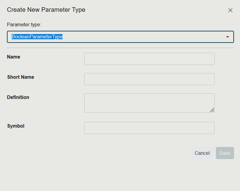 Screenshot of the Create Parameter Type panel showing the type selector dropdown