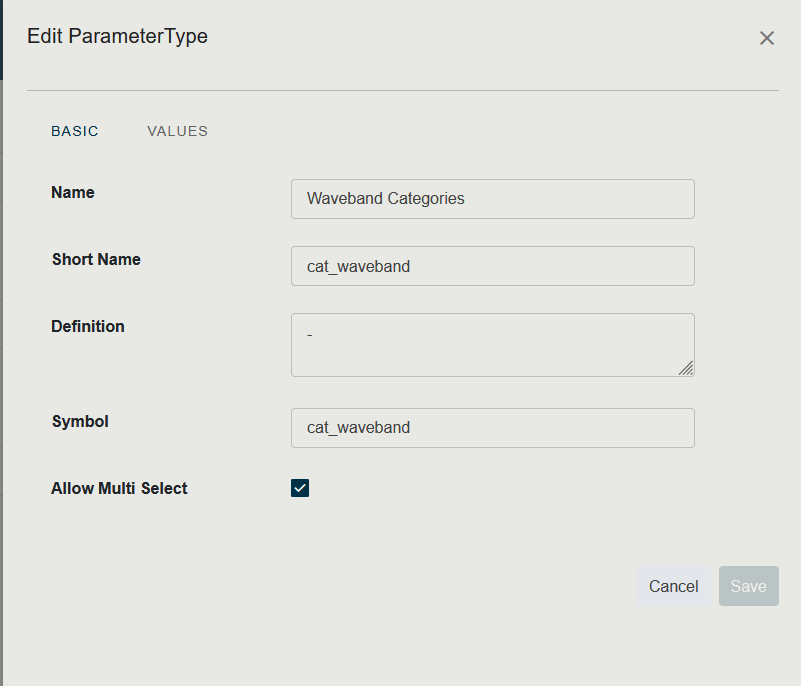 Screenshot of the Enumeration Parameter Type creation form showing the list of enumeration values