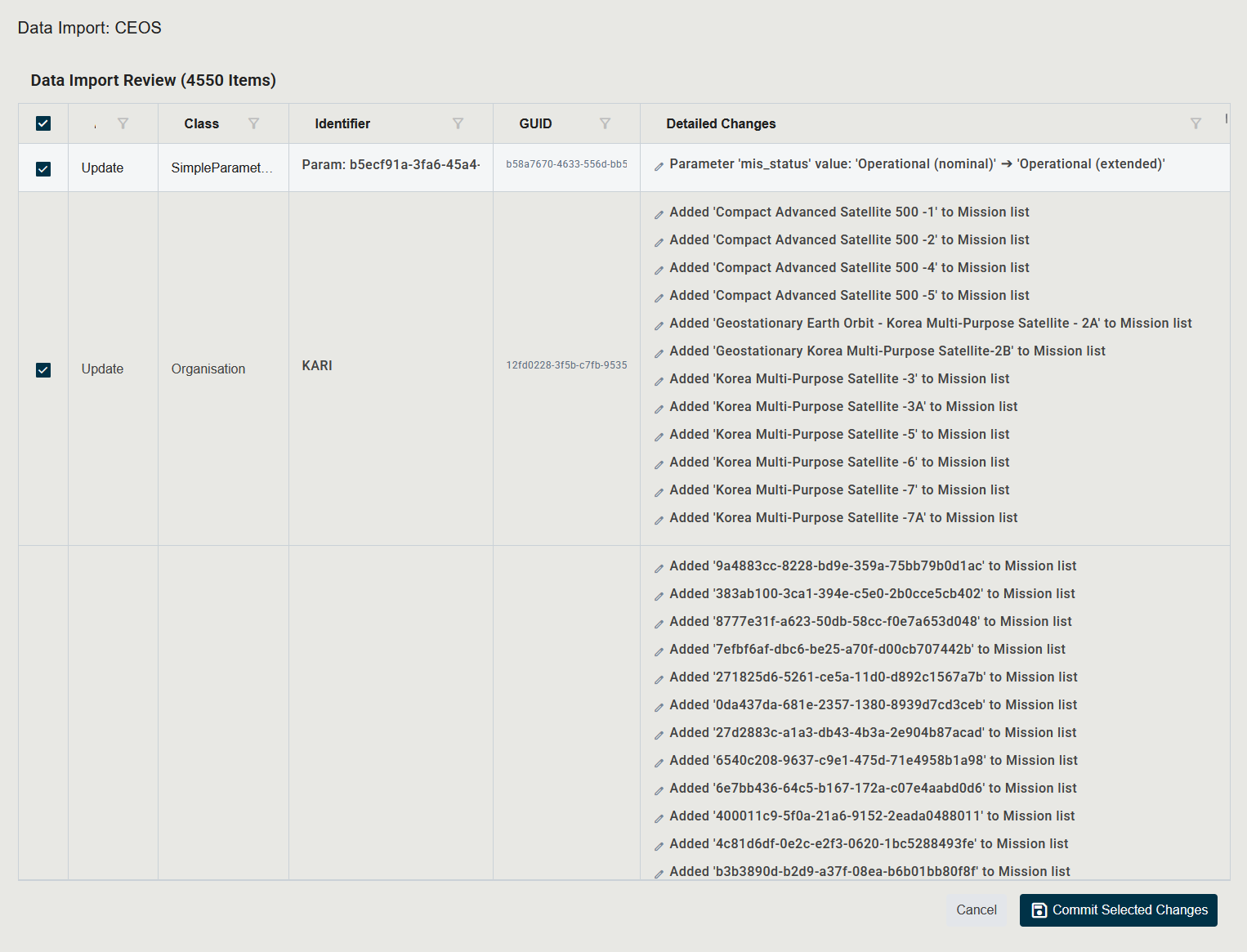 Screenshot of the Data Import Review dialog showing the proposed changes table and the Commit Selected Changes button