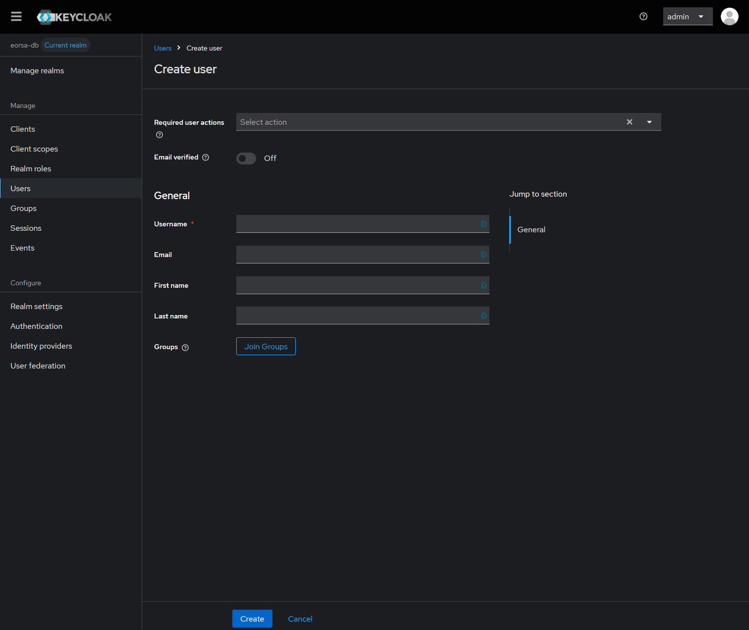 Screenshot of the Create User form in Keycloak with Username, Email, First Name, Last Name, and Enabled fields