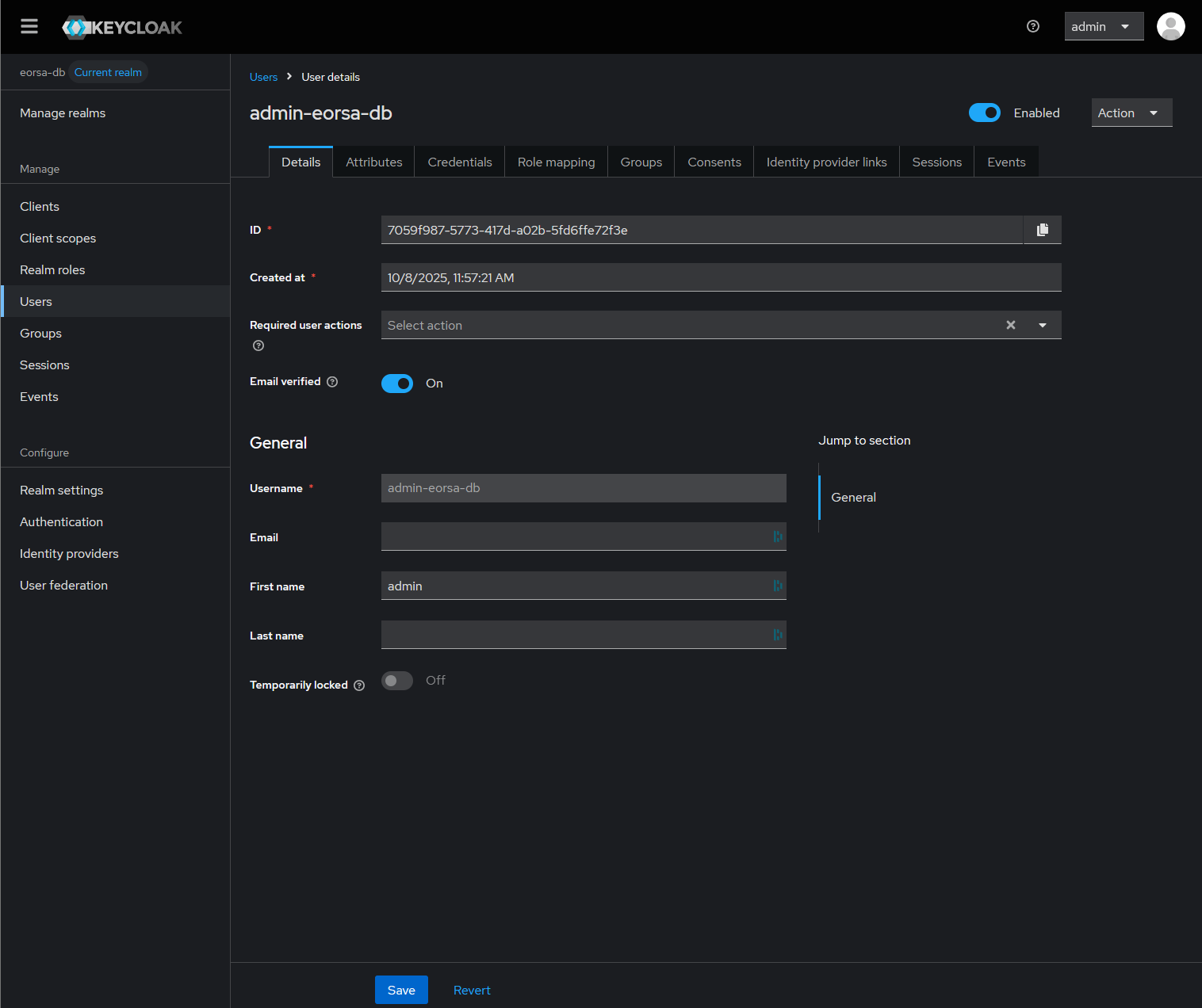 Screenshot of the User Details tab showing editable fields (First Name, Last Name, Email, Enabled) and the Save button