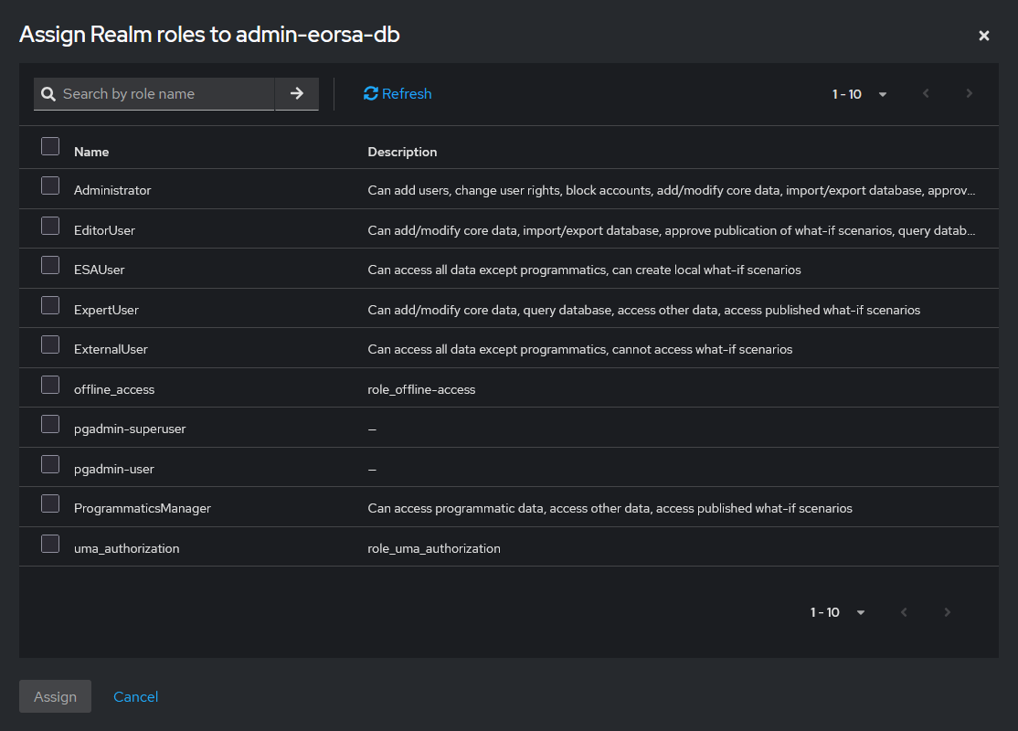 Screenshot of the Role mapping tab showing the Assigned roles list and the Assign role modal with a search box