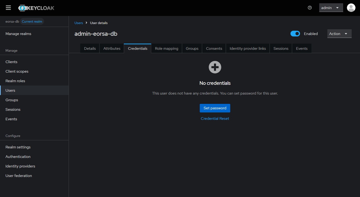 Screenshot of the Credentials tab showing the Set password button and the password form with the Temporary toggle