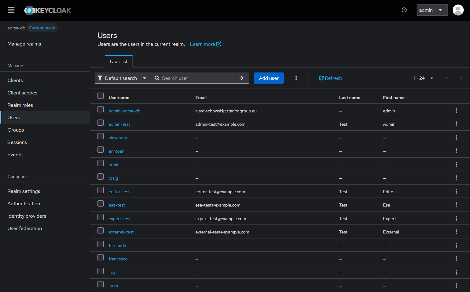 Screenshot of the Keycloak Users list page showing existing users and the Add user button