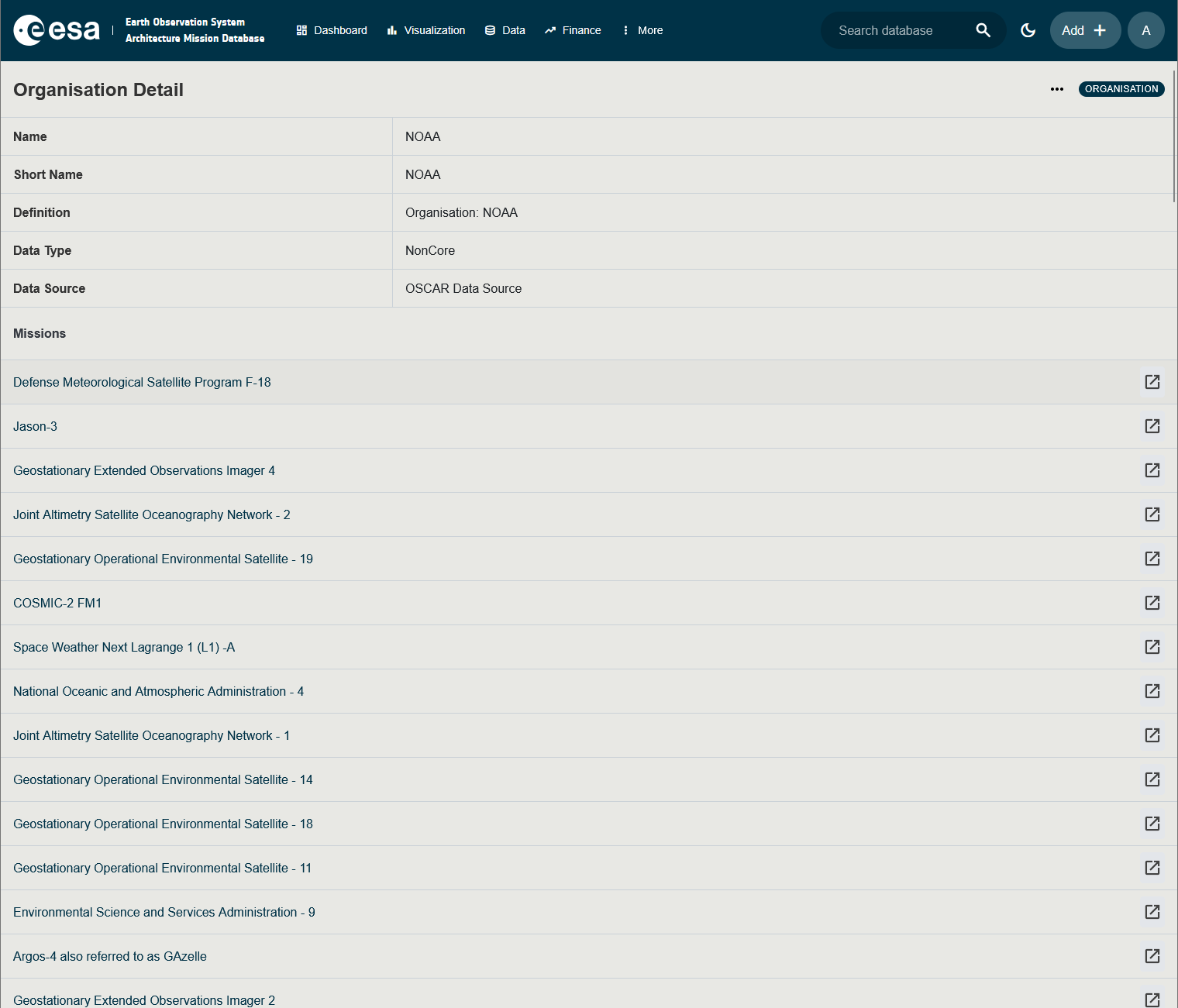 Screenshot of an Organisation detail page showing linked missions and contract roles