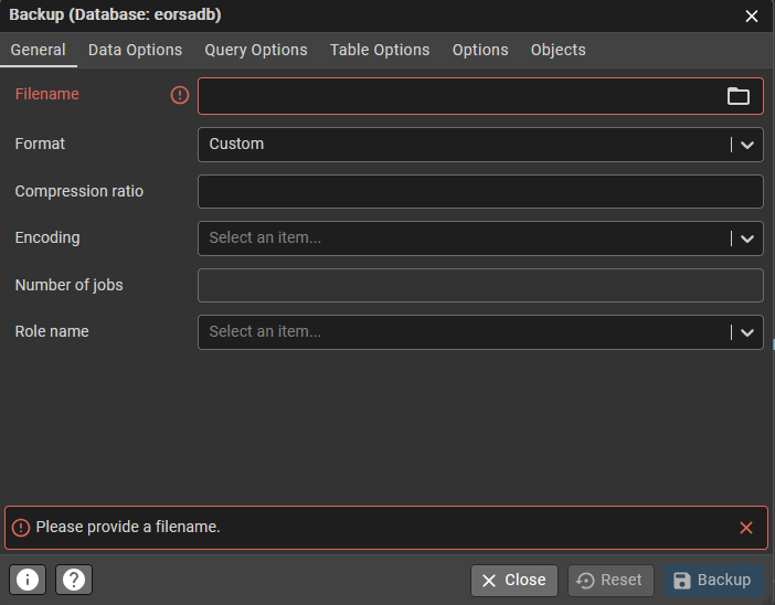 Screenshot of the Backup dialog showing format selection and output file settings