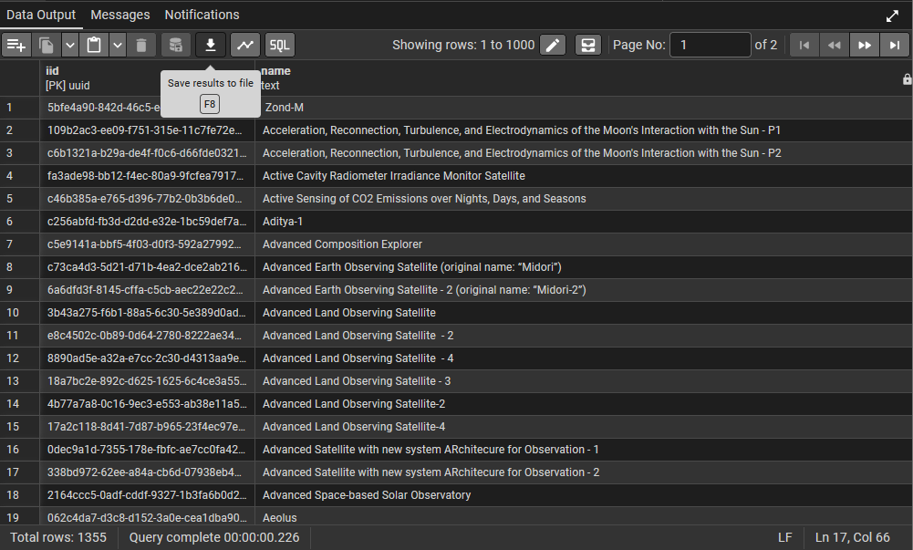 Screenshot of the Query Tool results pane with the Download as CSV button highlighted