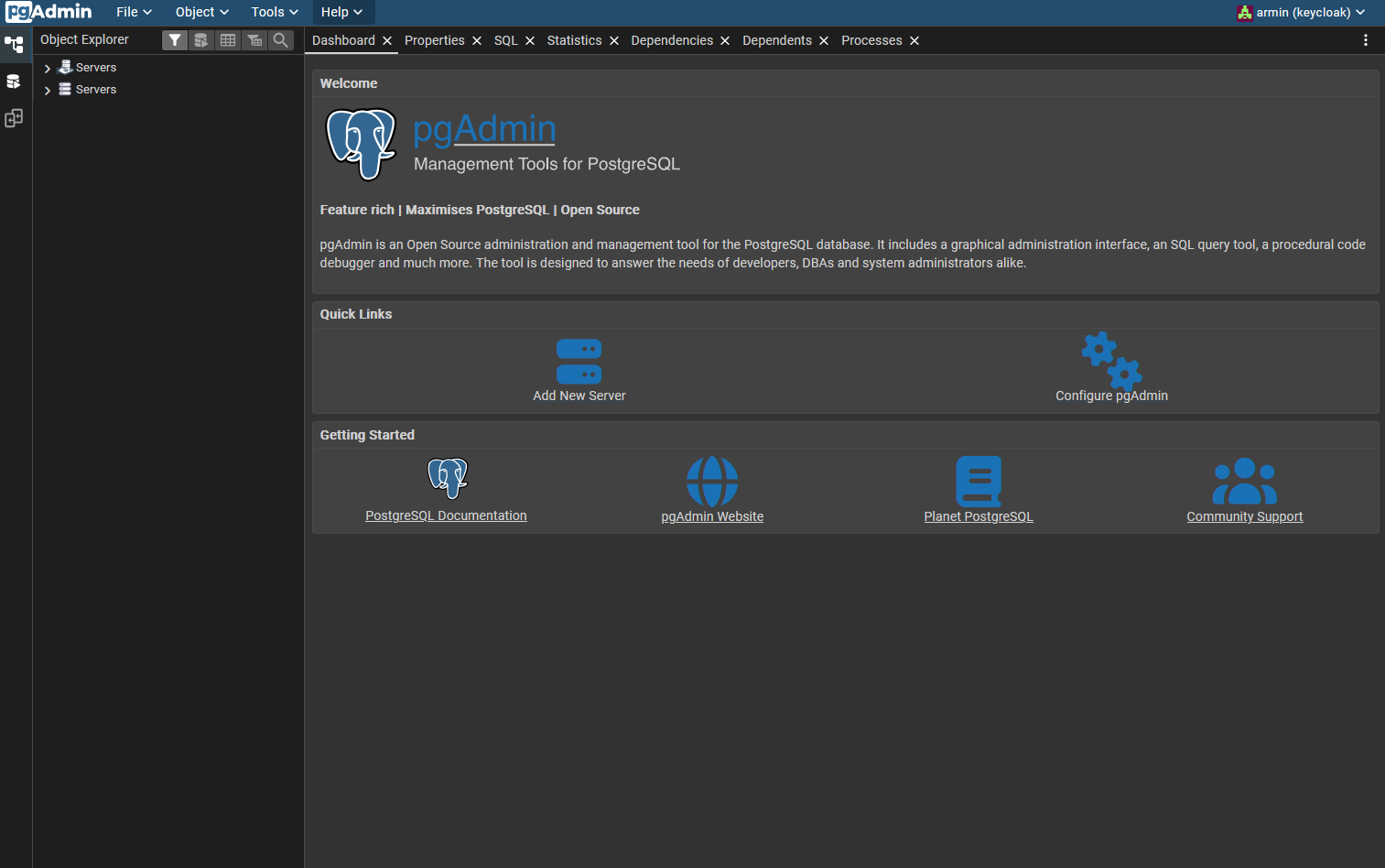 Screenshot of the PG Admin home page after login, showing the left-hand object browser with the pre-configured EORSA-DB server