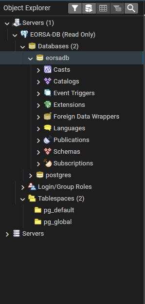 Screenshot of the PG Admin Object Explorer showing the EORSA-DB (Read Only) server expanded with databases, schemas, and tables visible
