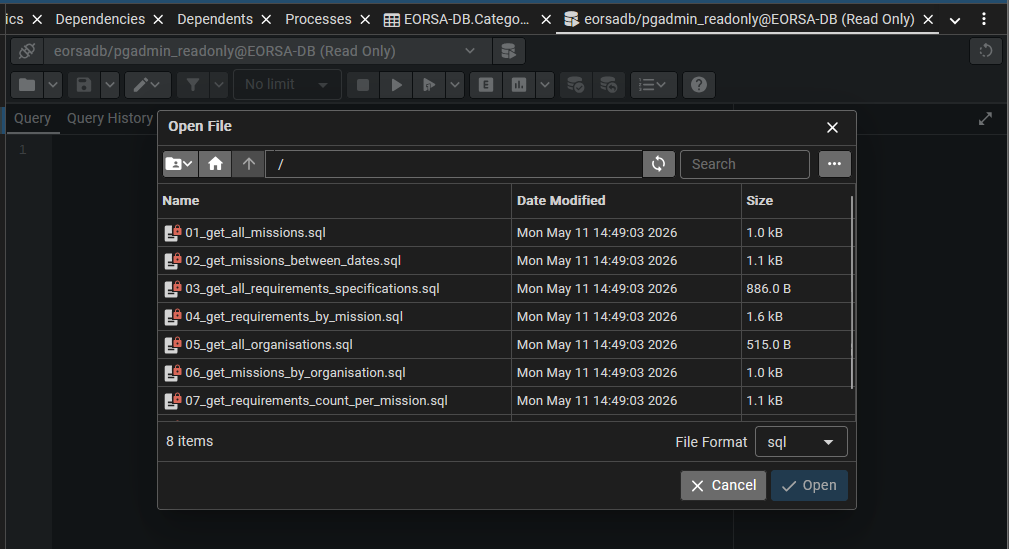 Screenshot of the Query Tool file browser open on the Shared Queries / queries folder, showing the numbered SQL files