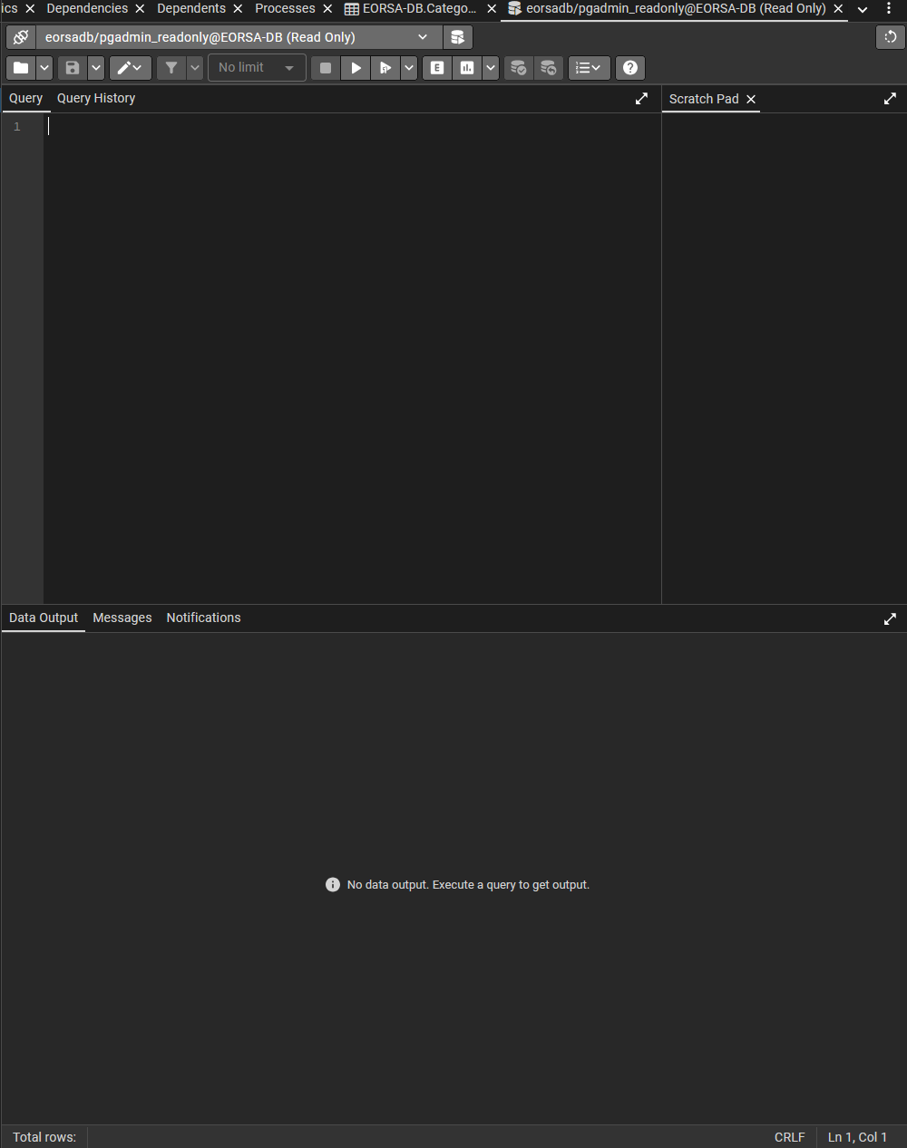 Screenshot of the Query Tool editor open with an empty SQL editor pane and the results pane below
