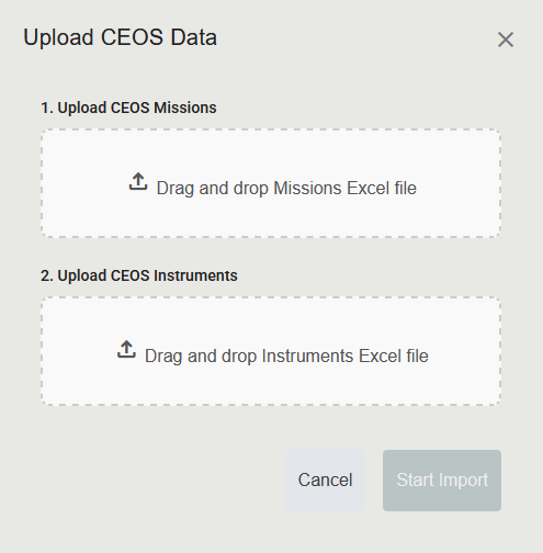 Screenshot of the Upload CEOS Data dialog showing the two drop zones and the Start Import button