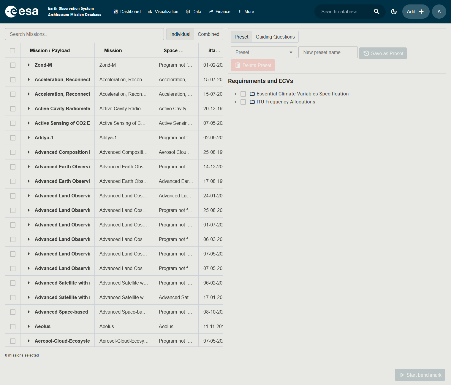 Screenshot of the Benchmarking page showing the left panel (mission selector) and right panel (ECV requirements)