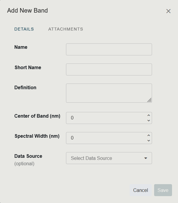 Screenshot of the Add Band side panel showing all fields: Name, Short Name, Definition, Center of Band (nm), Spectral Width (nm), Data Source, and the attachment/image upload areas