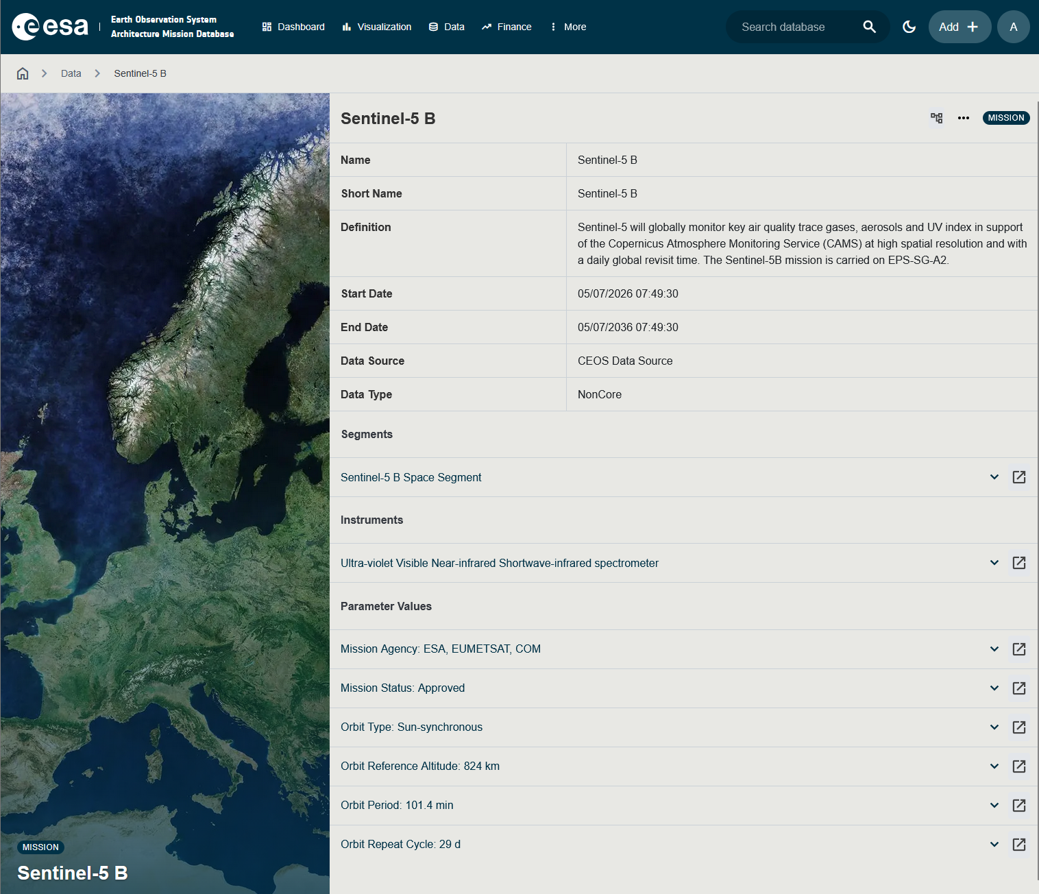 Screenshot of a Mission detail page showing the header fields and the Segments related-items table