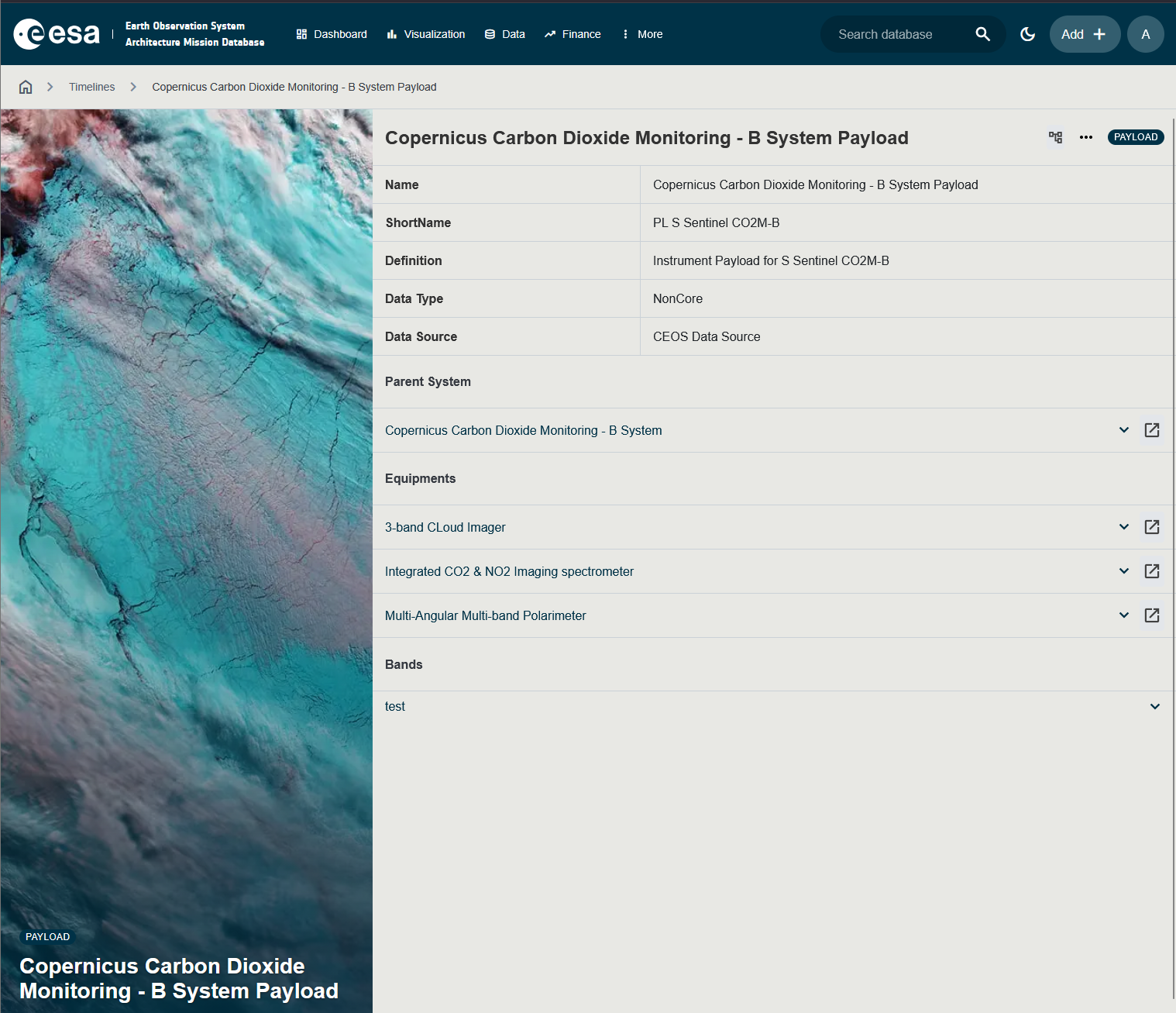 Screenshot of a Payload detail page with the Spectral Bands table visible, showing several bands with Center of Band and Spectral Width columns