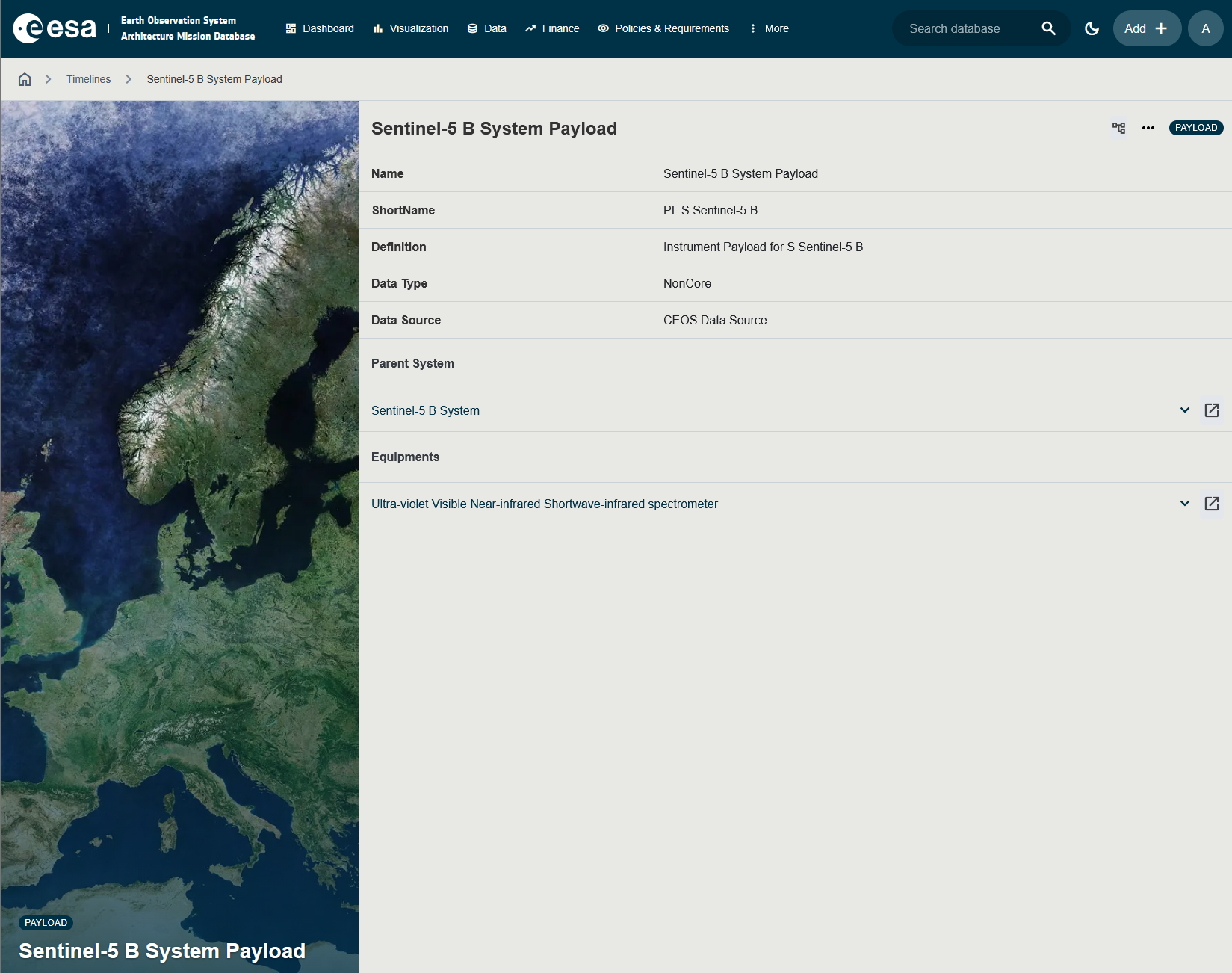 Screenshot of a Payload detail page showing the Spectral Bands section and the parent/child payload relationships