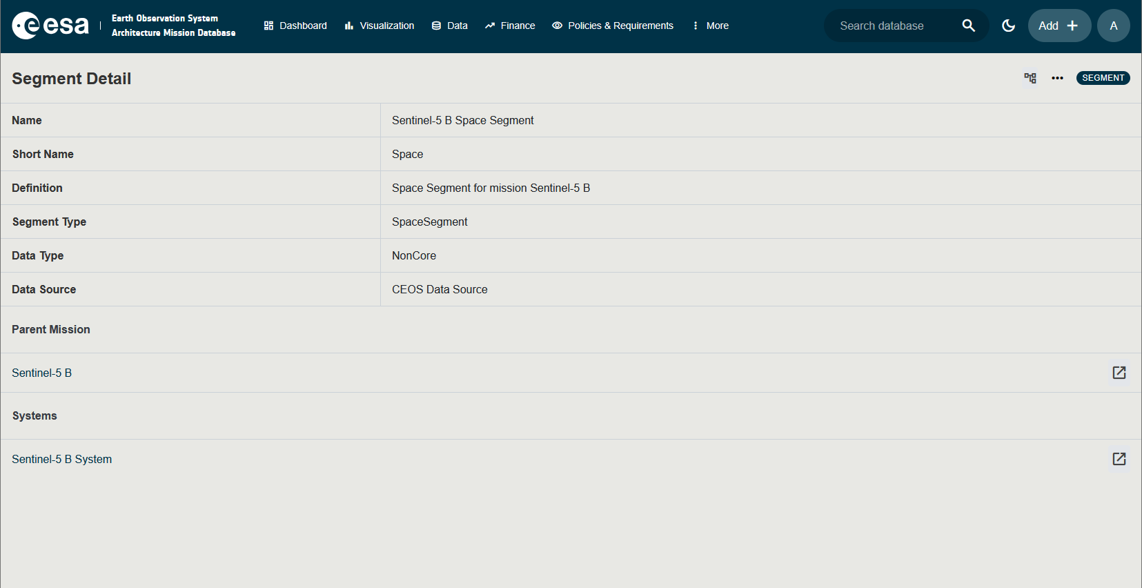 Screenshot of a Segment detail page showing the SegmentType field and the Systems table