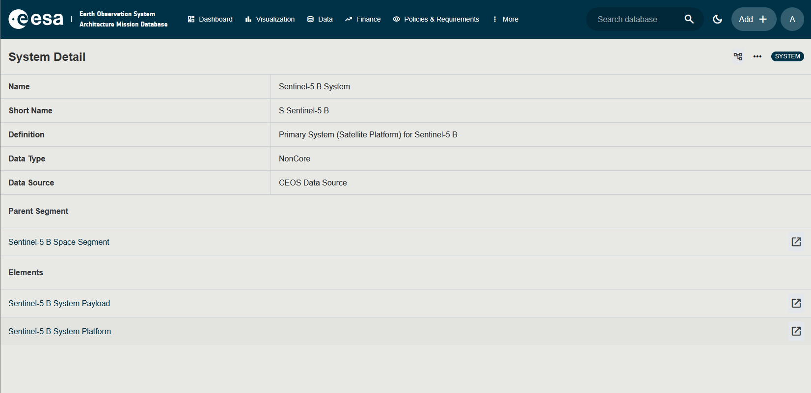 Screenshot of a System detail page showing the header fields, TLE section, and the Elements table