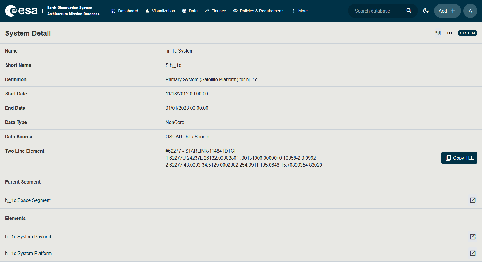 Screenshot of a System detail page with the Two-Line Element section visible, showing the Catalog Number and two-line text