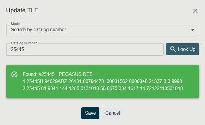Screenshot of the TLE Reference Dialog in Catalog Number mode, showing the catalog number input field, Look Up button, and the success alert showing the found TLE record