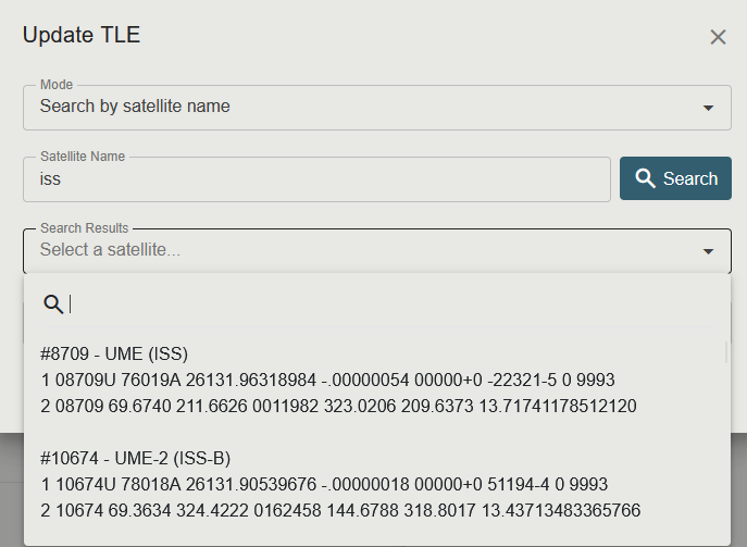 Screenshot of the TLE Reference Dialog in Name mode, showing the satellite name search box, Search button, and the search results dropdown with a satellite selected