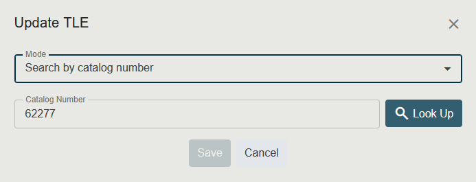 Screenshot of the TLE Reference Dialog as opened from the Edit button, showing the Mode dropdown with Name/Catalog Number/Manual options