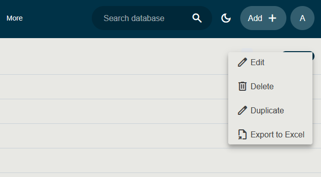 Screenshot showing the Edit, Delete, Duplicate, and Export buttons on a detail page