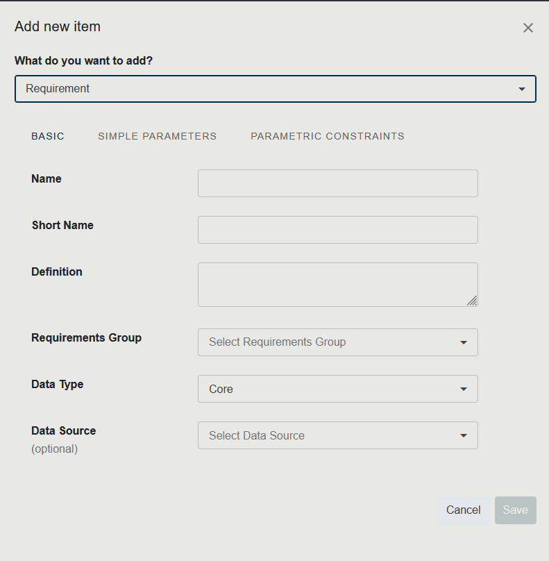 Screenshot of the Add new item side panel showing the type dropdown and an example creation form