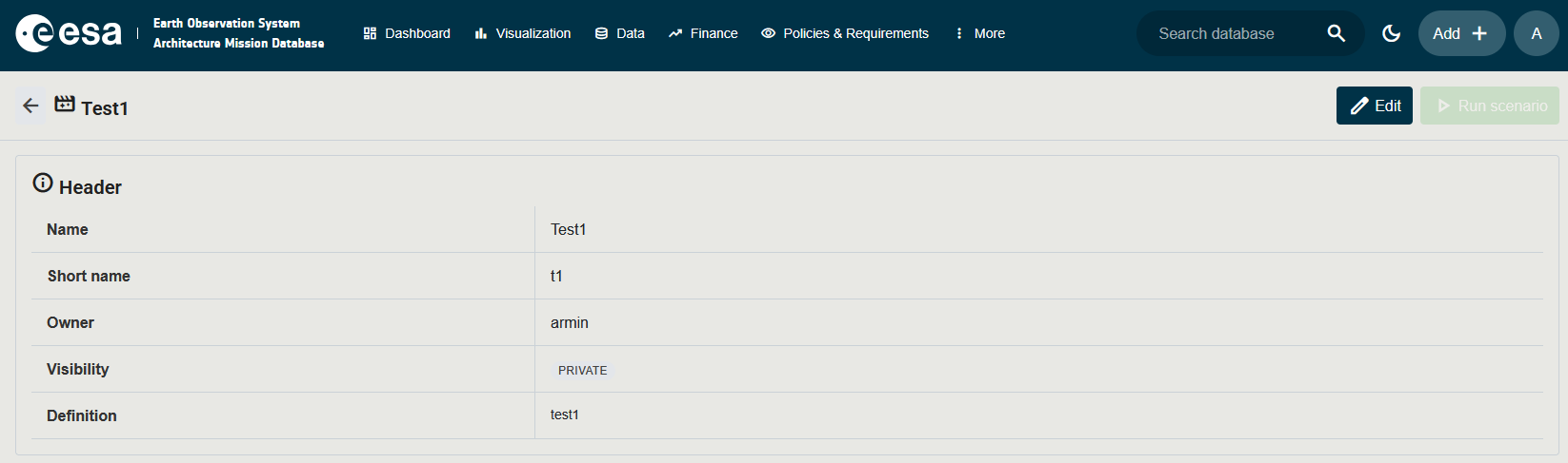 Screenshot of a scenario detail page showing the header card, steps table, and run button