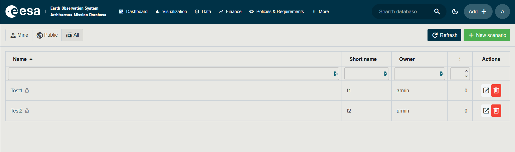 Screenshot of the scenarios grid with public/private icons, owner column, and action buttons