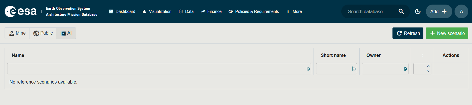 Screenshot of the Reference Scenarios list page showing the filter bar and scenarios grid