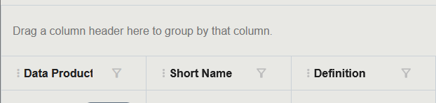 Annotated screenshot showing sort, filter, pin, and column picker features on a table