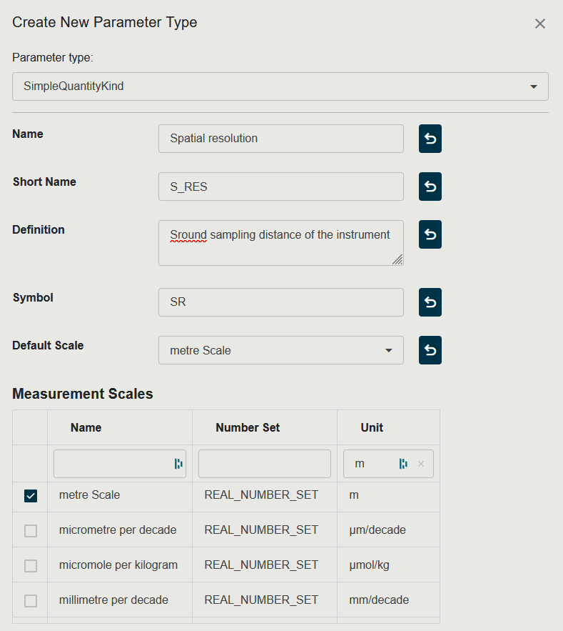 Screenshot of the Create Parameter Type panel filled with Spatial Resolution / Simple Quantity Kind / m
