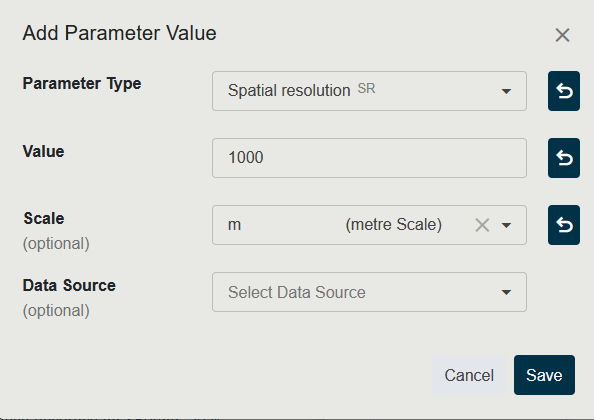 Screenshot of the Parameters tab on a Payload showing the new Spatial Resolution = 1000 m row