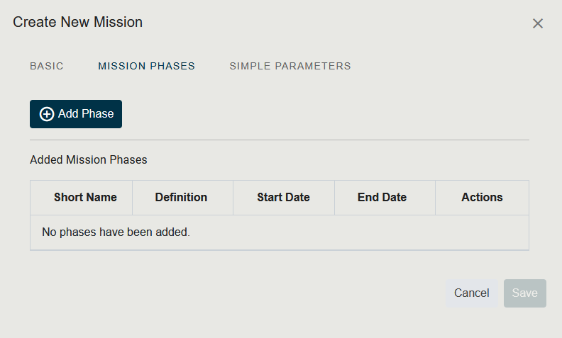 Screenshot of the Create Mission panel showing the Details and Mission Phases tabs