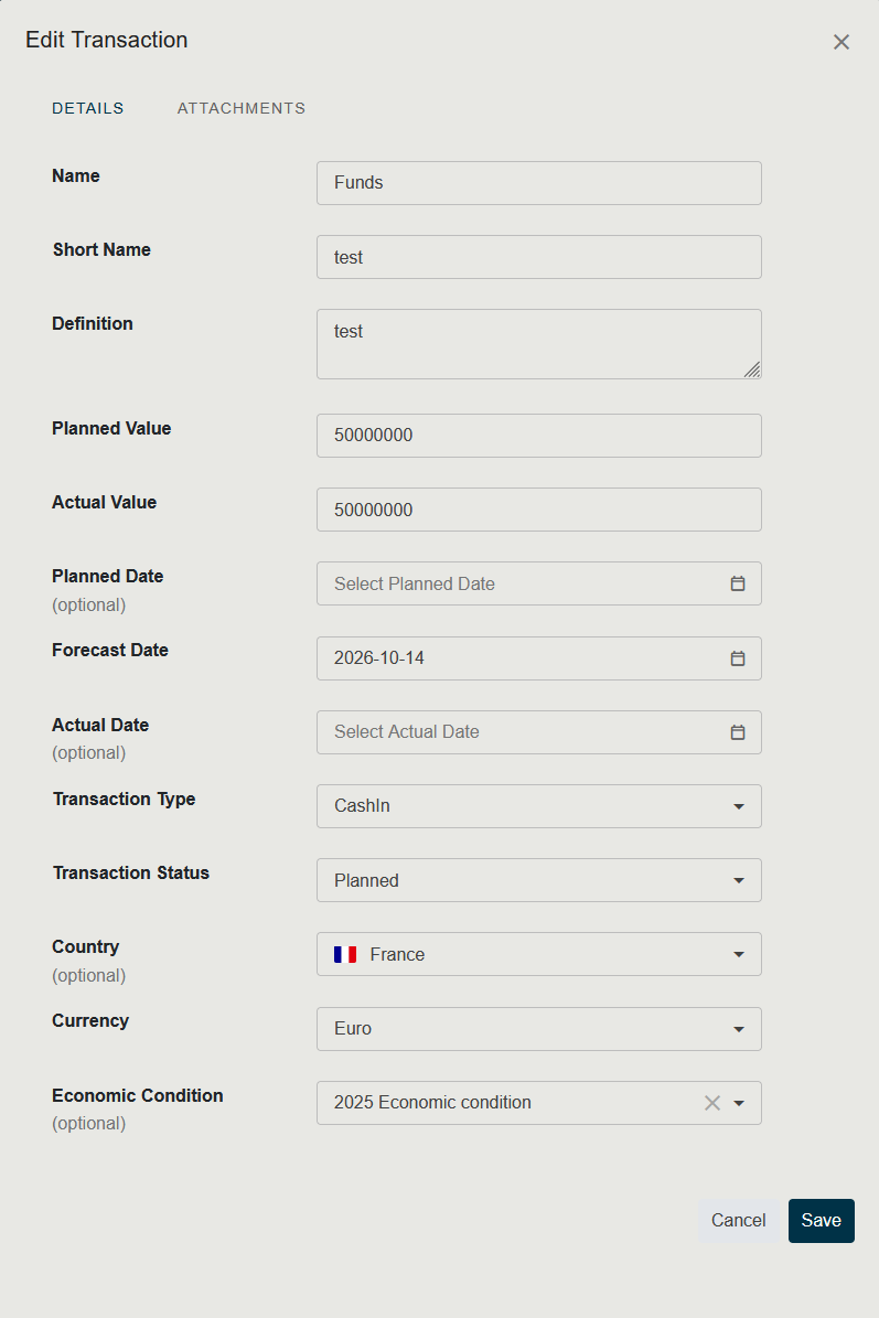 Screenshot of the Edit Financial Transaction side panel with all form fields visible